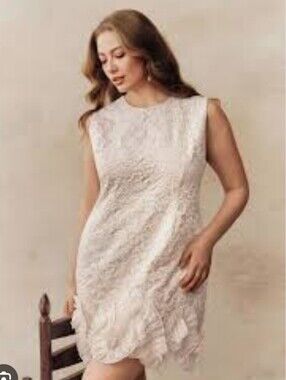 Anewsta Jacquard Ruffle Hem Mini Dress Beige Sleeveless Cocktail L NWT